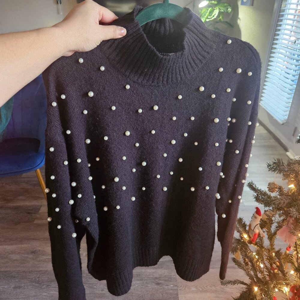 High Neck Pearl Embellished Oversized Black Sweater